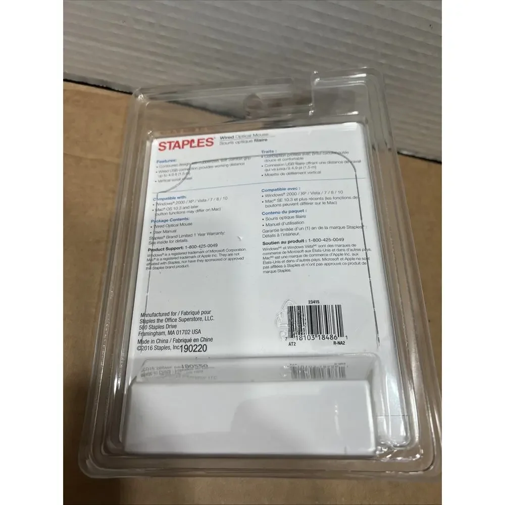 STAPLES Wired Optical Mouse Black PC & Mac Compatible NEW & SEALED